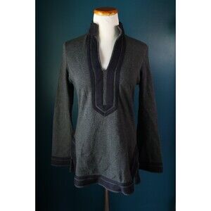 Tory Burch Women's Grey Long Sleeve Tunic Top  Preppy Slit Hem V Neck XS